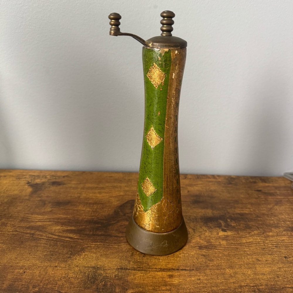 Florence Italy‎ Green Gold Decorative Coffee Grinder Tall Wood Brass Mill